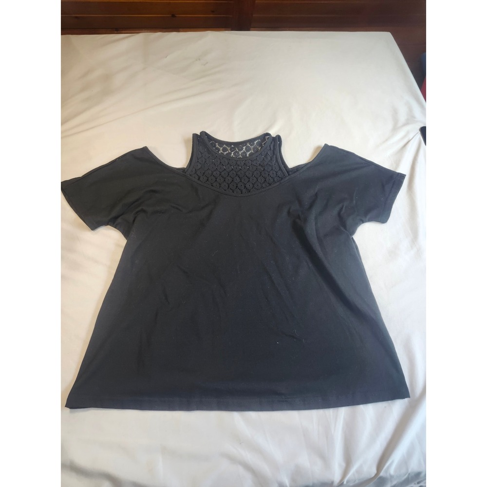 Black Cold Shoulder Top Lace Crochet Neck Short Sleeve XL Relaxed Fit Blouse